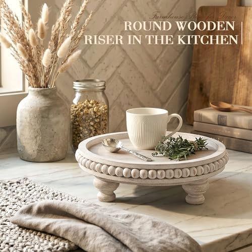 EOSAHR Beaded Wood Riser, Pedestal Stand for Home Essentials, Dark Natural - Image 3