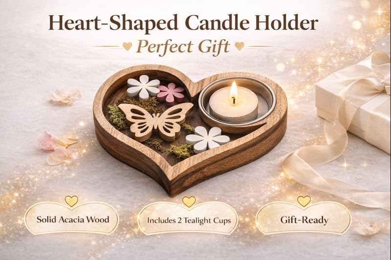 Handmade Wooden Tea Light Holder, Heart Shape with Floral Cutout Design - 2pack - Image 4