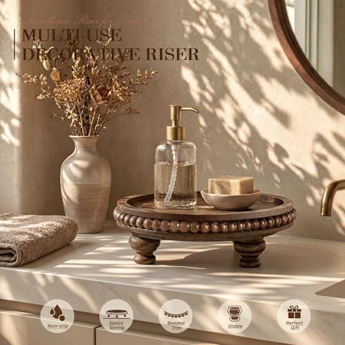EOSAHR Acacia Wood Riser with Beads, Pedestal Stand for Tabletop, DarkBrown - Image 4