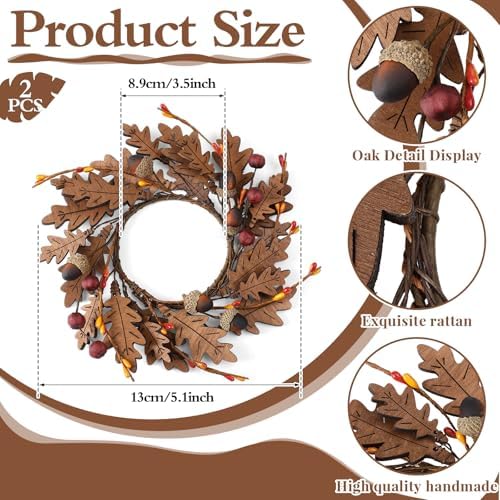 Daifunli 2 Pcs Fall Candle Rings for Pillar 3.9 Inch Wood Oak Leaves Acorn - Image 2