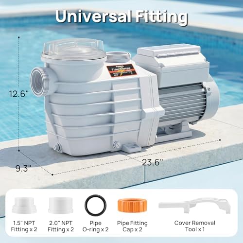 TURBRO 3.0 HP Variable Speed Swimming Pool Pump, 8,700 GPH | High Flow Self-Priming Pump for In/Above-Ground Pools, with Strainer Basket, 1.5” and 2.0” NPT Fittings, 220-240V, FS30V