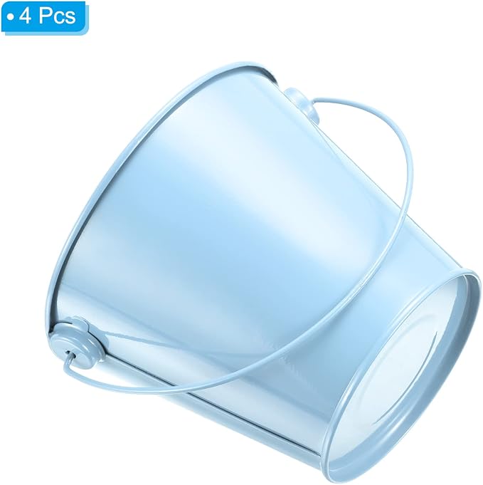 PATIKIL 4.7 Inch Colored Metal Buckets, 4 Pack Pencil Holder Buckets Round Metal Planter Pails Container with Handles for Classroom Crafts, Light Blue