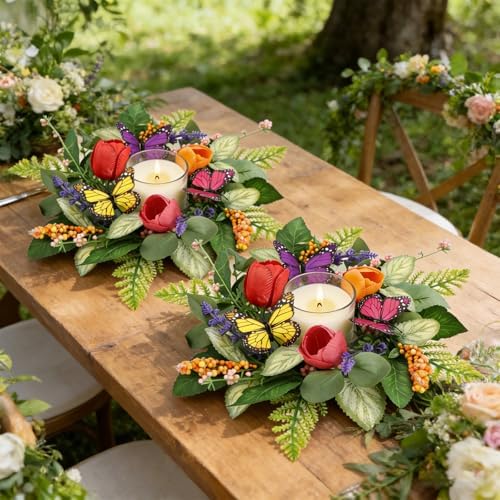 4 PCS Summer Lavender Tulips Candle Rings Wreaths Artificial Floral Pillar Candle Holder Wreaths with Butterfly Mini Spring Summer Candle Rings for Table Centerpiece Home Farmhouse Cabinet Porch Decor - Image 5