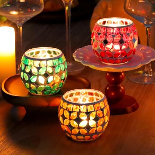 SHMILMH Mosaic Candle Holders Set of 4, Handmade Glass Tealight Votive Holders, Vibrant Red Yellow Blue Green for Diwali Christmas Wedding Party Decor, Year-Round Festive Centerpiece - Image 6
