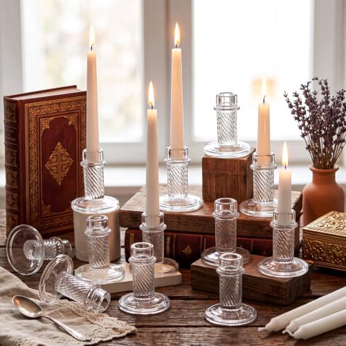 Mumufy 12 Pcs Glass Crystal Taper Candle Holders, 4 Inch Clear Glass Candlestick Holder Fit 0.8 Inch Candles, Crystal Decorative Candle Stand Centerpiece for Wedding, Dining Room, Party(Lines) by Mumufy