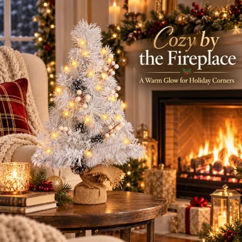MEETYAMOR 2 FT Mini Christmas Tree, 24" Prelit White Small Artificial Tabletop Christmas Trees Decor with Lights Timer, Outdoor Indoor Porch Table Centerpieces Xmas Christmas Decorations - Image 4