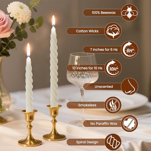 2PCS 7-Inch Pure Beeswax Spiral Taper Candles, Cream White, Dripless - Image 2