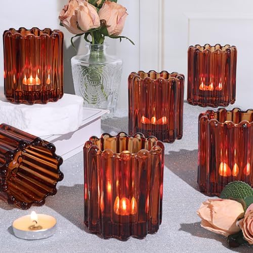 12PCS Glass Amber Votive Candle Holder, Ribbed Tealight Candle Holders by LOVELIGHTLOVELIFE