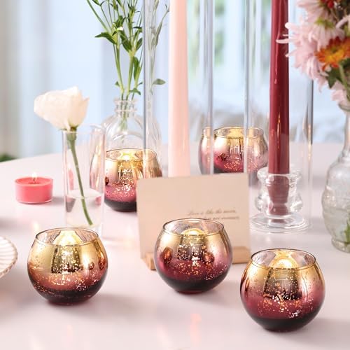 Volens Burgundy Votive Candle Holders 12 Pack, Round Mercury Glass Votives - Image 6