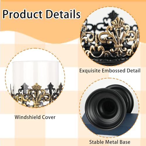 2 PCS Hurricane Candle Holder with Glass Sleeve, Gothic Metal Vintage Candle Holders, Large Table Centerpieces Candle Stand for Weddings and Events, Black, S+L - Image 3