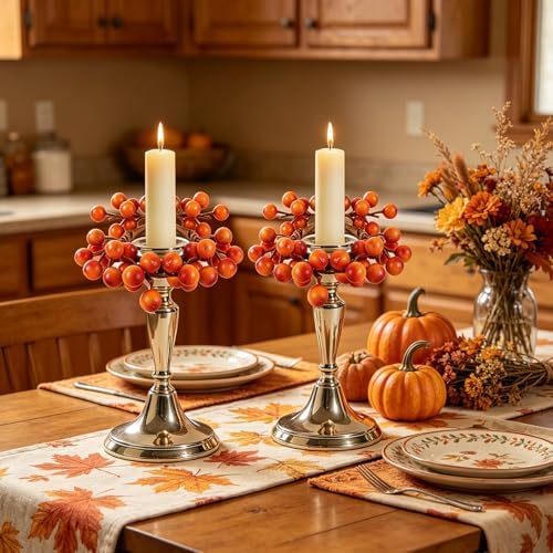 6 PCS Fall Taper Candle Rings Wreaths 1.38" Mini Thanksgiving Taper Candle Holder Wreaths with Orange Berries Autumn Harvest Table Centerpieces Wreath for Wedding Farmhouse Home Candlesticks Decor - Image 5