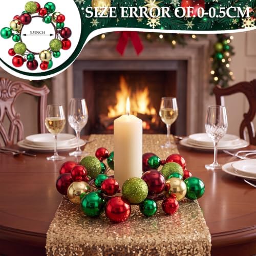 Daifunli 2 Pcs Christmas Ball Needle Candle Ring Red Green Glitter Lemon Green Artificial Wreath for Pillar 3.5 Inch Candle Holder for Winter Xams Country Wedding Table Centerpiece Decor - Image 2