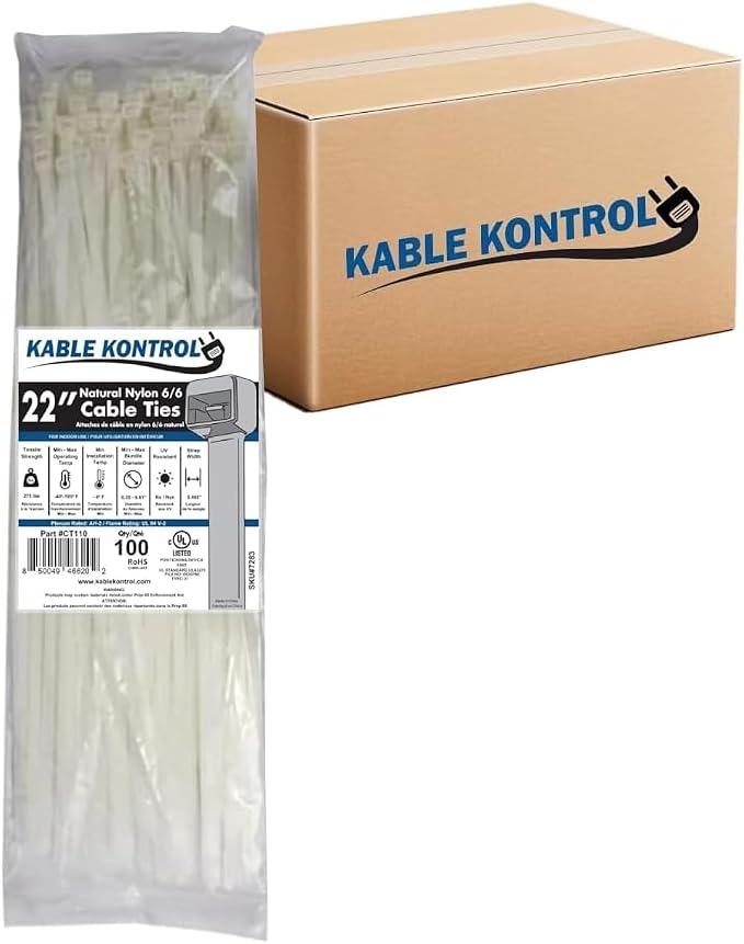 Kable Kontrol Cable Zip Ties Natural White 1,000 Pcs 22 Inch, 250 Lbs Tensile Strength, Bulk Pack, Self-locking Natural Nylon Clear Plastic Wire Ties wraps for Indoor or Outdoor Use