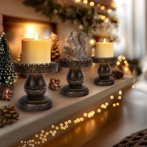 Small Candle Holder for Pillar Candle Set of 3, Farmhouse Wood Candle Holder, Rustic Wooden Candle Stand, Vintage Candle Stand Decorative for Living Room, Table Centerpiece, Black Gold - Image 4