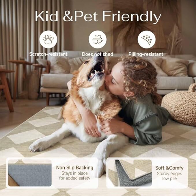 2'6x8 Washable Runner Rug Kitchen Beige Non Slip Checkered Carpet | Soft, Low Pile, Easy Clean, Diamond Pattern for Hallway, Entryway, Laundry Room, Bathroom, Modern Neutral Decor