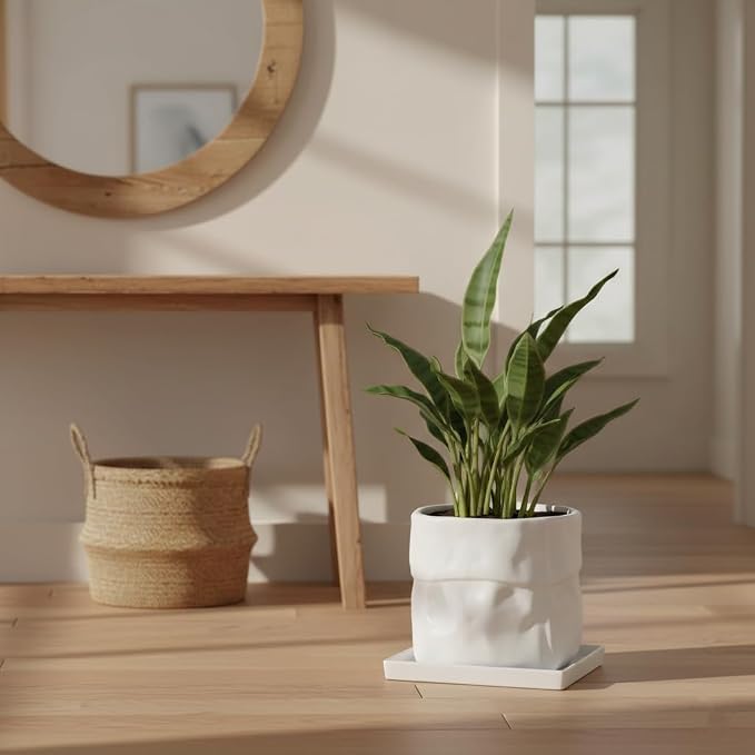 Nihow Ceramic Plant Pot: 8 Inch Planter with Drainage Hole & Square Saucer for Herbs/Plants, Bag Shape Design Flower Pot for Indoor & Outdoor Garden Decor - White | Bag Shape Design,Indoor & Outdoor,Living room/Office/Bedroom/Windowsill/Tabletop,Plant ...
