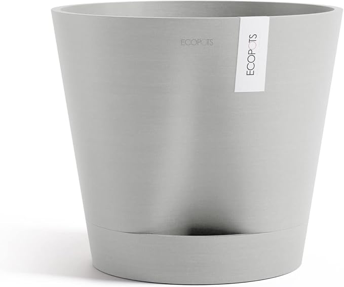 Ecopots Venice 2 Durable Modern Round Indoor/Outdoor Recycled-Based Composite Flower Pot Planter w/Water Reservoir, White Grey, 16"