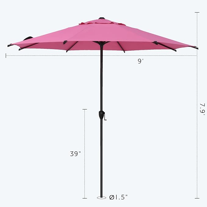 Abba Patio 9FT Lyon Outdoor Patio Umbrella Outdoor Table Umbrella with Crank Market Umbrella 8 Sturdy Ribs UV Protection Waterproof and Push Button Tilt for Garden Deck Backyard Pool,Pink
