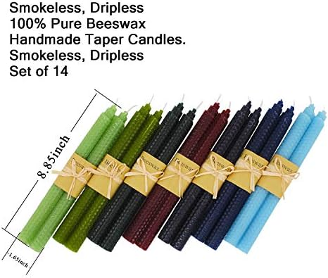 7 Pairs 100% Pure Beeswax Handmade Taper Candles, 9 Inch Smokeless Dripless Wax Candles, Beeswax Candle for Home Gift Ideas - Cool Color Set - Image 2