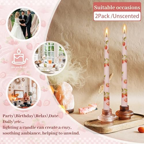 Light Pink Strawberry 10 inch Straight Taper Candles-Pink Strawberry Handmade Printing Candlesticks Tall Tapered Candle for Home Garden Decor Simple Modern 2Pcs - Image 3