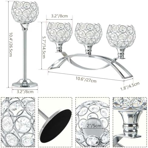 Crystal Tealight Candle Holder Centerpiece Home Decorative Candlestick Holder Elegant Table Centerpiece Home Decor Wedding Party Anniversary (Silver, Set of 3) - Image 4