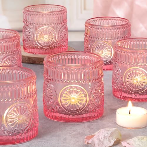 6Pcs Large Votive Candle Holders Pink Glass Tealight Candle Holders by sunnyfuture