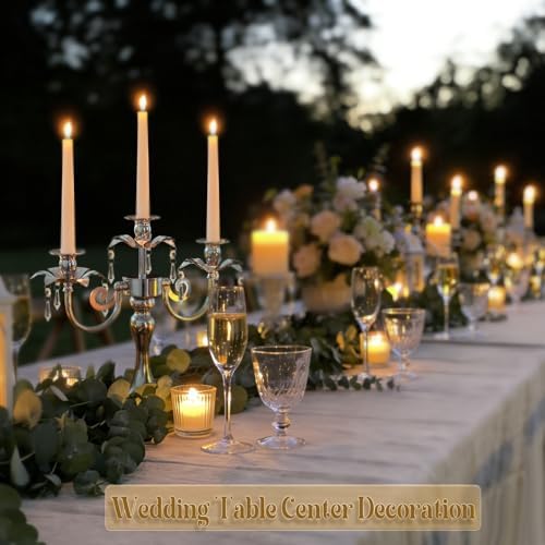 Metal 3 Arm Candelabra with Crystal Pendants - 11.8 Inch Tall Candle Holders, Set of 2 - Elegant Taper Candlestick Stand for Wedding, Dining Table, Christmas Party Home Decoration (2, Silver) - Image 7