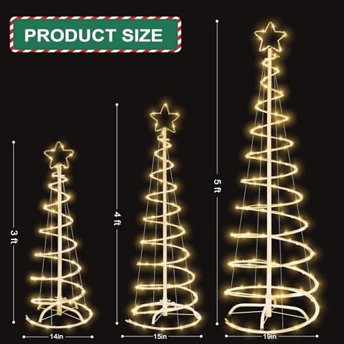 3 Packs Christmas Spiral Tree with Lights, 3/4/5 FT Lighted Xmas Collapsible Tree with Metal Stakes for Indoor & Outdoor, Yard, Porch, Garden Holiday Decor (Warm White, 3-4-5 FT) - Image 2