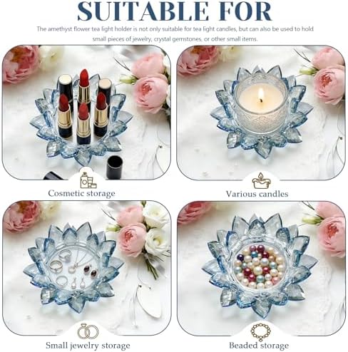 Large Crystal Lotus Tealight Candle Holder for Up to 6" Diameter Pillar Candle Plate Candlestick,Chunky Glass Votive Stand for Wedding, Party, Table Centerpiece Decor and Yoga Meditation (2, Blue) - Image 5