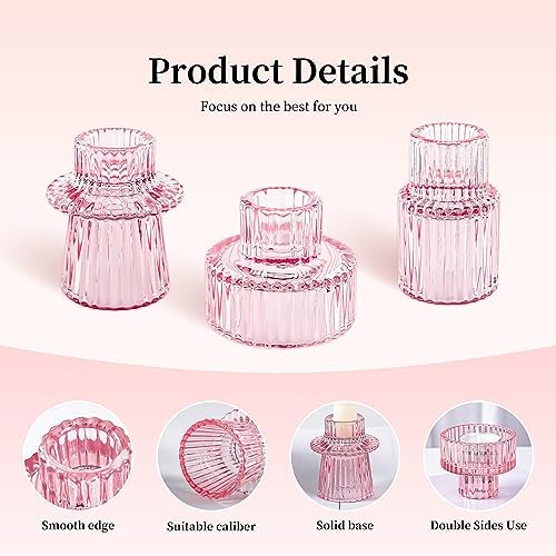 Taper Votive Candle Holder for Pillar Candles Tealight, Candlestick Holder for Wedding Christmas Tea Party, Boho Ribbed Vintage Crystal Glass Table Centerpiece Decor, Bulk Set of 6 (Pink) - Image 7