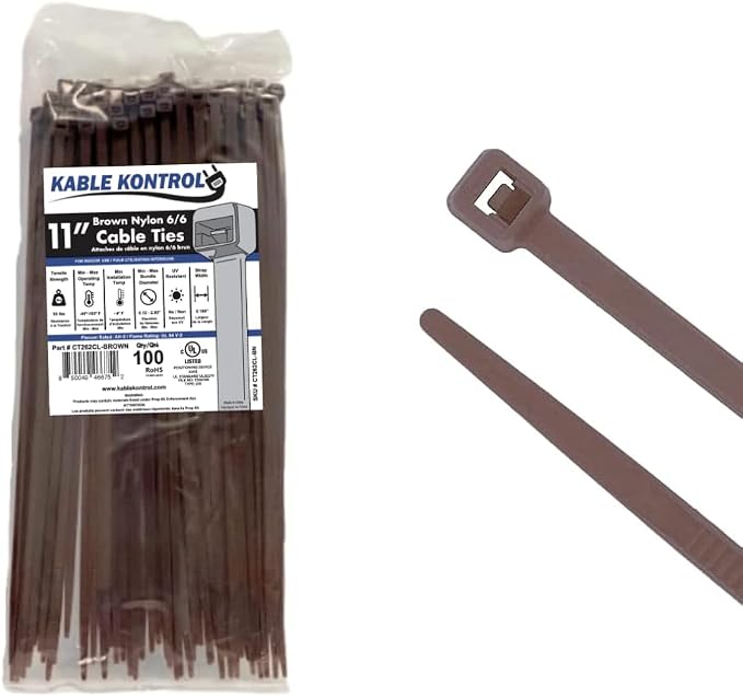 Kable Kontrol Brown Zip Ties 11 Inch 100 Pcs, 50 Lbs Tensile Strength, Self-locking Nylon Colored Cable Ties Wire Wraps for Indoor or Outdoor Use
