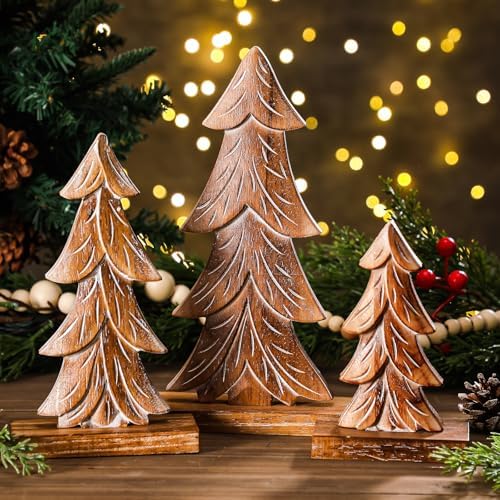 Cinnvoice 3 Set Handmade Carved Wooden Christmas Trees Tabletop Rustic by QinYee