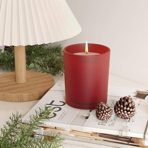 SHOWIN 10 OZ Thick Candle Jars for Making Candles 15 Pcs, Empty Jars with Wood Lids for Candle Making, Sample Container, Frosted Red - Image 5