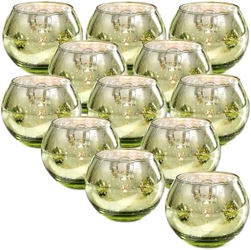 12 Pcs Green Candle Holder for Wedding Decor- Sage Green Mercury Glass Votives for Bridal Shower, Tea Party Table Centerpieces, Vintage Rustic Wedding by LAMORGIFT