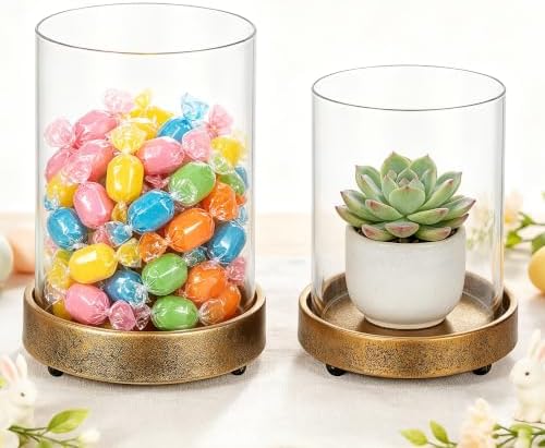 Set of 2 Glass Hurricane Candle Holders for Pillars with Minimalism Metal Base in Antique Gold, Glass Candle Holder, Centerpiece, for Weddings, Dinner Parties, Dining Tables, Console Tables, Mantels - Image 5