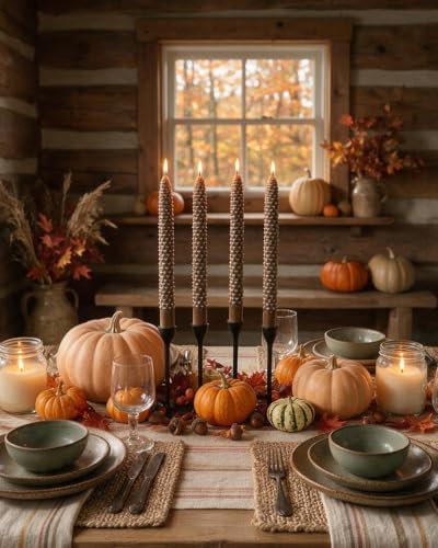 10 Inch Fall Brown Taper Candles Christmas Pinecone Candles Smokeless Unscented Candlestick for Thanksgiving Christmas Winter Holiday Decoration-4Pack,White Trim - Image 3