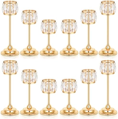 Set of 3 Metal Crystal Candle Holders, 11/9/7 Inch Elegant Tealight Candelabra Centerpiece for Wedding Table Decor, Tiered Home Party Decoration (12, Gold-11+9"+7") by KOLNLALA