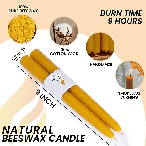 2PCS 9" Natural Beeswax Taper Candles, Dripless Smokeless, Long Lasting - Image 2