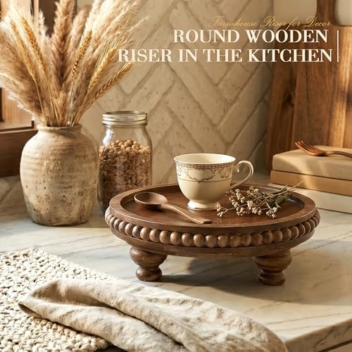 EOSAHR Acacia Wood Beaded Wood Riser, Pedestal Stand for Room Decor, Brown - Image 3