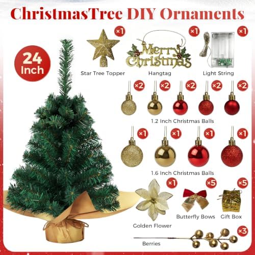 24 Inch Mini Christmas Tree Set with LED Lights, Tabletop Xmas Tree - Image 2