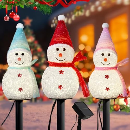 Homemory Multicolor Christmas 3 Pack Solar Snowman Pathway Lights Decor by Homemory