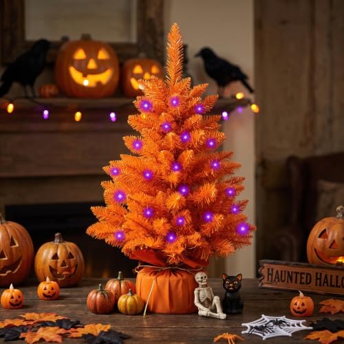 2FT Orange Halloween Tree with Lights, 50 LED Multicolor Prelit Mini Artificial Orange Christmas Tree, Tabletop Spooky Halloween Tree for Desk Home Indoor Holiday Party Decorations - Image 4