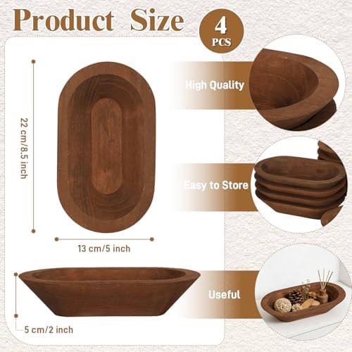 4 Pack Wooden Dough Bowls 8.5-inch Rustic-Style Dough Bowls, Vintage Design, Perfect for Table Centerpieces, Living Rooms, and Candle Making, Brown - Image 2
