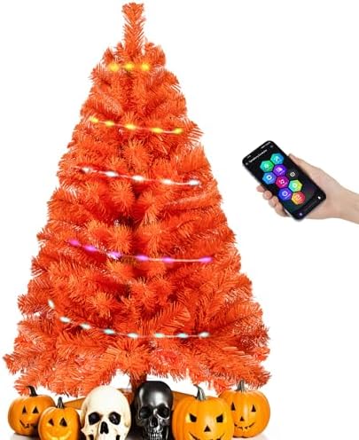 Orange 3ft Christmas Tree with Lights, Halloween 36inch Artificial Small Tree Mini Table Top Decorations, Xmas Desk Tree with 80 Color Lights, 200 Branch, Holiday Decor for Home,Indoor Office Tabletop by ELAMAS