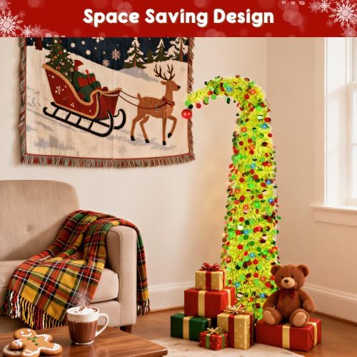 5ft Whimsical Pop Up Christmas Tree with 100 Lights, Lime Green Curved Top Collapsible Tinsel Christmas Tree with Ball Ornaments for Fireplace Porch Corner Apartment Home Indoor Holiday Party Decor - Image 5