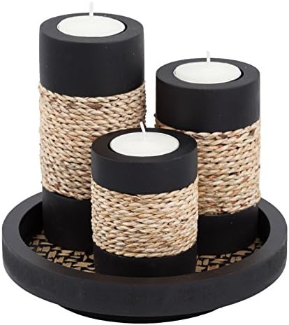 IYARA CRAFT Candleholder Set with Tray, Set of 3 Rustic Black Wooden Tealight Candle Holders with Natural Rope Accent, Coffee Table Centerpiece, Farmhouse Home Decor, Housewarming by IYARACRAFT