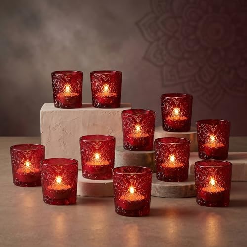 Ruby Red Mandala Glass Tealight Holders, 12 Pack by ArtSecret