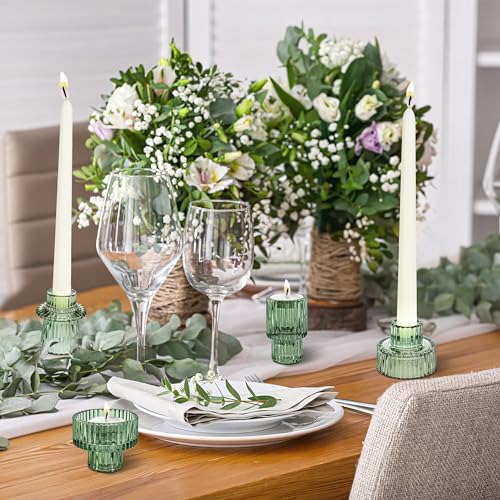 Taper Votive Candle Holder for Pillar Candles Tealight, Candlestick Holder for Wedding Christmas Tea Party, Boho Ribbed Vintage Crystal Glass Table Centerpiece Decor, Bulk Set of 6 (Green) - Image 2
