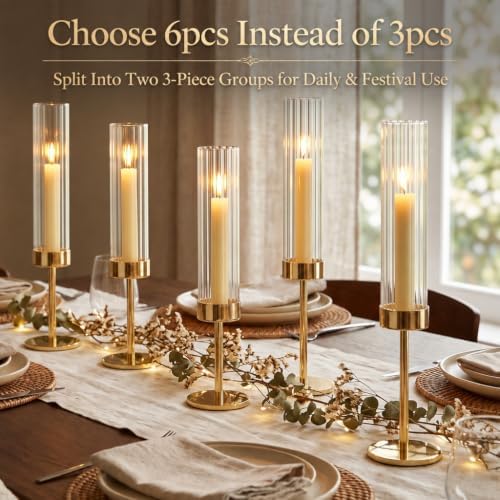 Gold Hurricane Taper Candle Holders,2 Sets(6 Pcs) Brass Tall Candlestick Holders with Ribbed Glass Cylinder, Table Centerpiece Decor for Wedding, Party, Halloween,Christmas & Home Decoration - Image 3