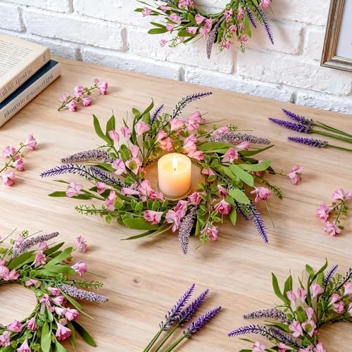 6 PCS Spring Summer Artificial Flowered Wreath Candle Rings Forsythia Lavender Candle Rings Pillar Holder Wreath Mini Floral Candle Rings Wreaths Kitchen Cabinet Swags for Wedding Home Tabletop Decor - Image 2